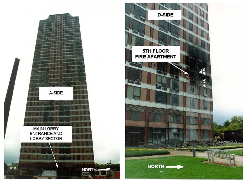 Photos of exterior of Four Leaf Tower building where the incident occurred.