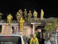 Firefighters ascend to the roof of the building with two ladders on the home