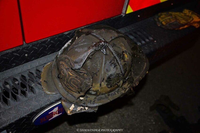 Damaged Albany firefighter helmet