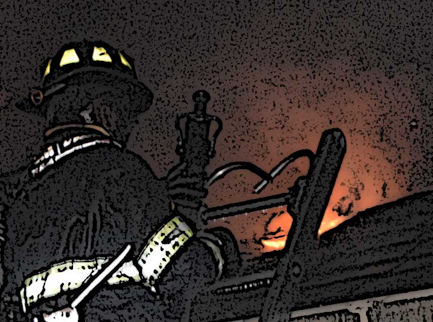 A firefighter on a ladder with a hoseline and flames in the background