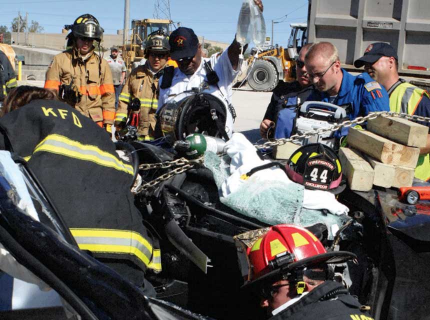 Firefighters and medics at a motor vehicle accident