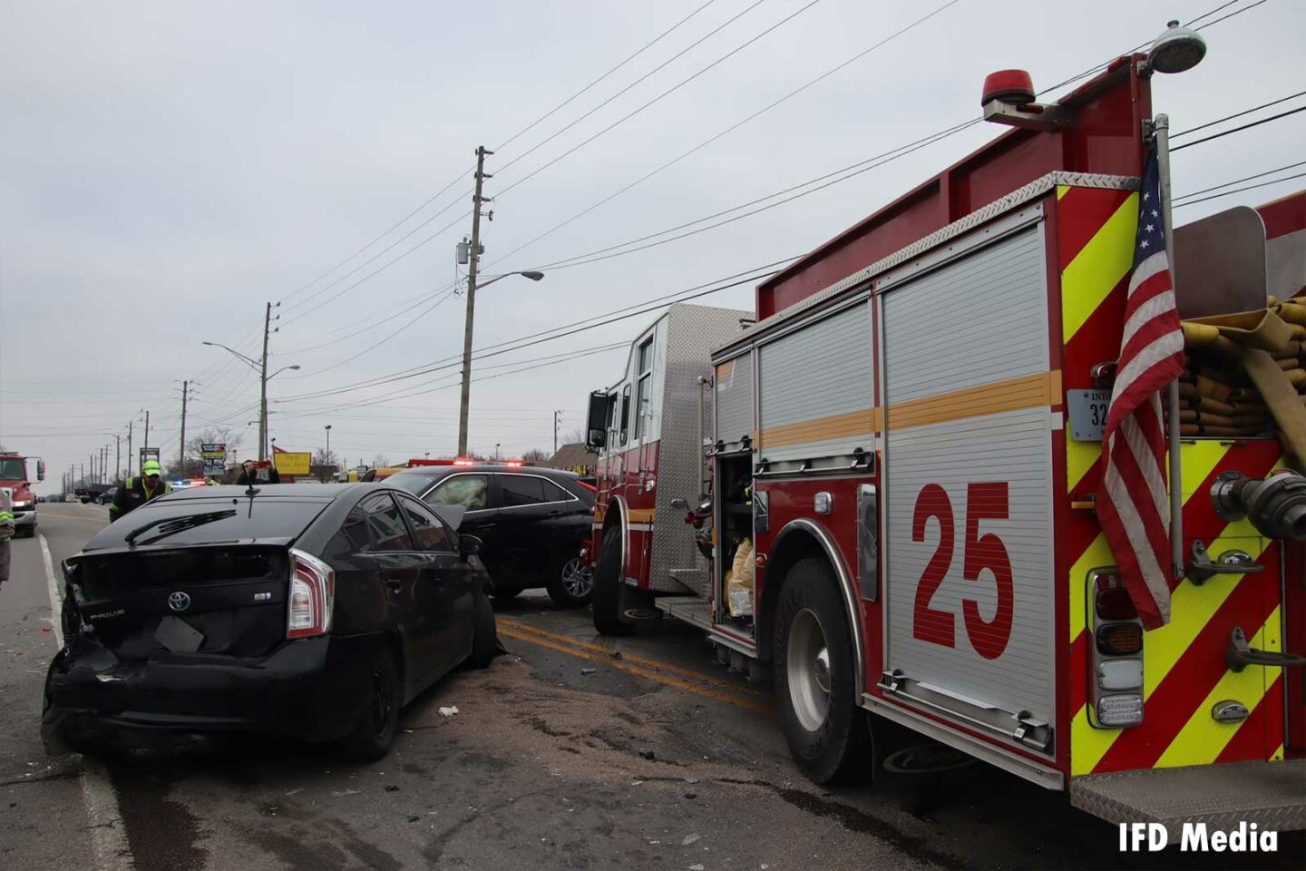 Indianapolis fire truck after collision with two vehicles