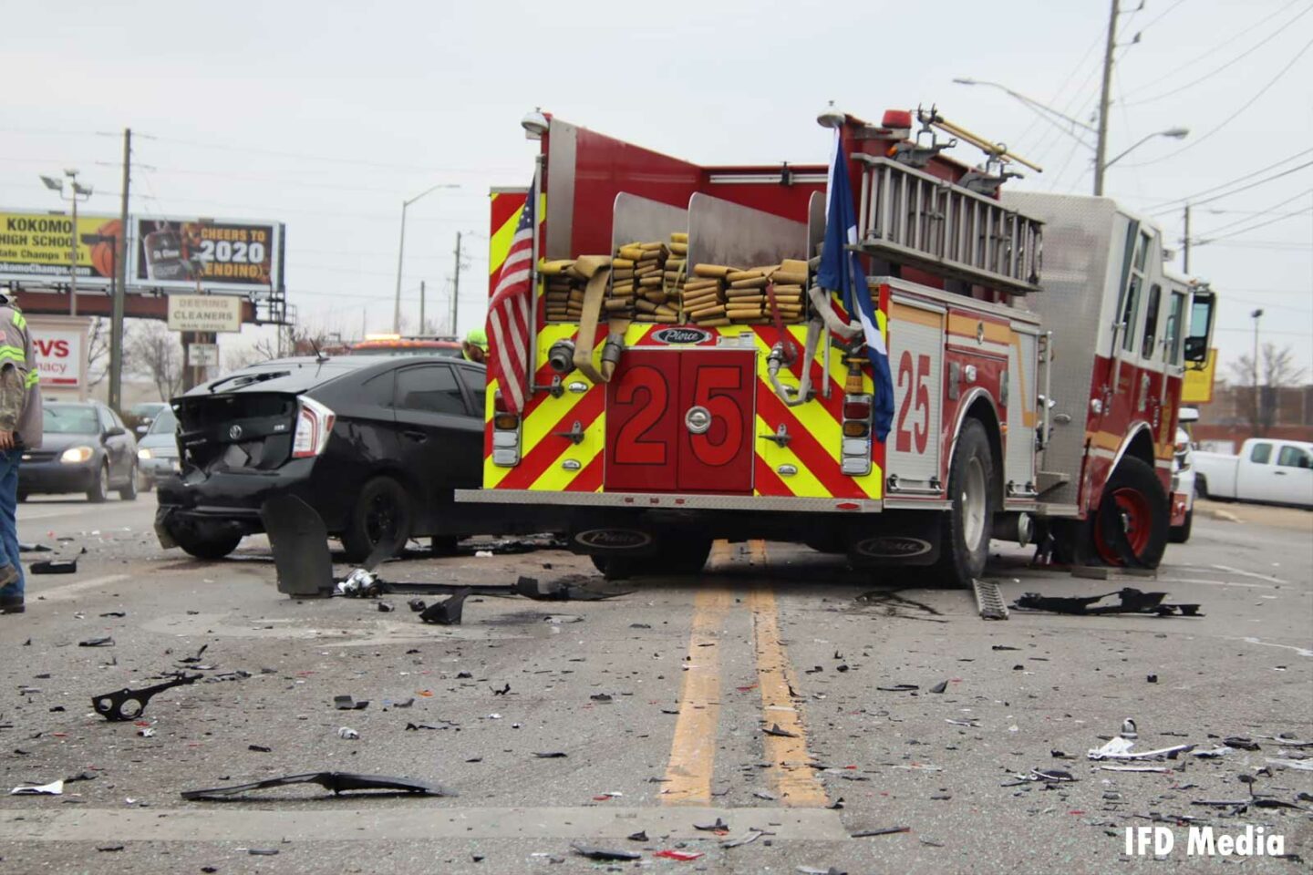 Indianapolis fire engine after crash with vehicles