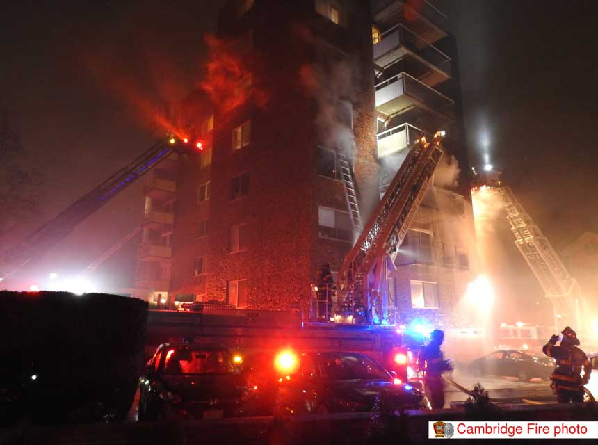 Firefighters at four-alarm Cambridge MA fire