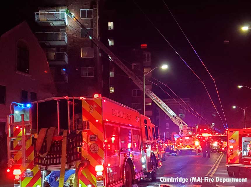 Fire apparatus and aerial raised at Cambridge fire