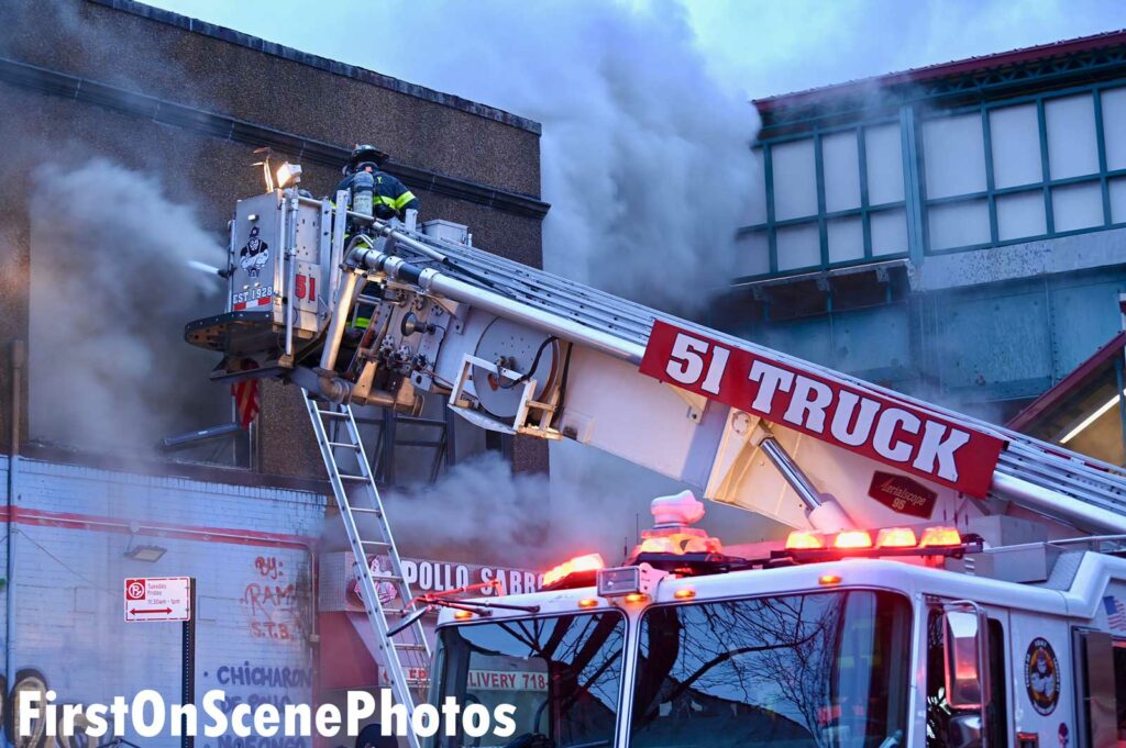 FDNY tower ladder in use at Bronx fire