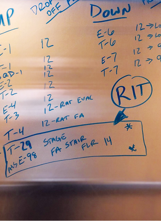 The member transporting companies in the elevator should note the location of RITs if they are needed but can’t be reached by radio. “FA” indicates the fire attack stairwell.