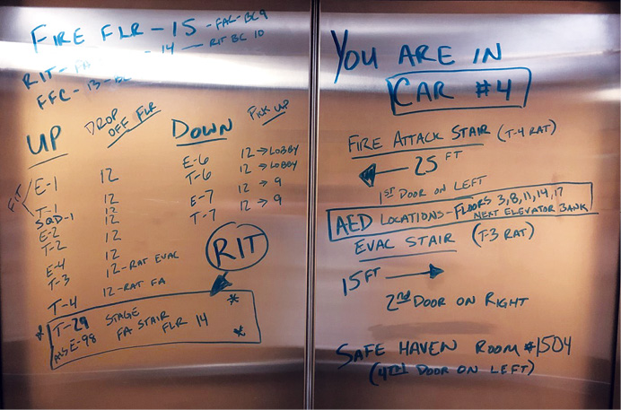 The member operating the elevator should note important items such as stairwell locations and designations (right door), where important items like AEDs or safe havens (right door) are located, where the RITs are staging, and where companies were taken or their known assignment by that particular elevator to maintain accountability.