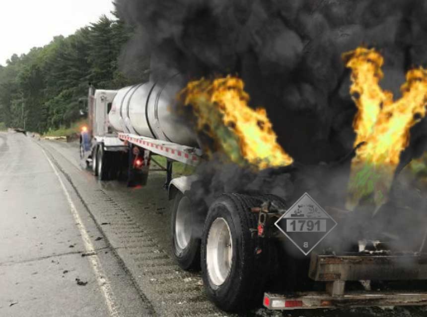 Flames shooting out the back of hazmat-placarded tanker truck on roadway