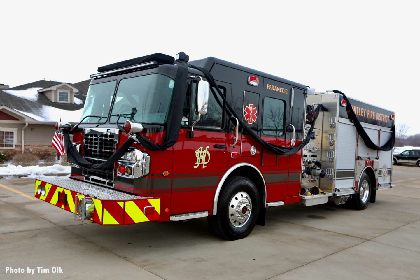 Fire apparatus with bunting at Al Schlick funeral