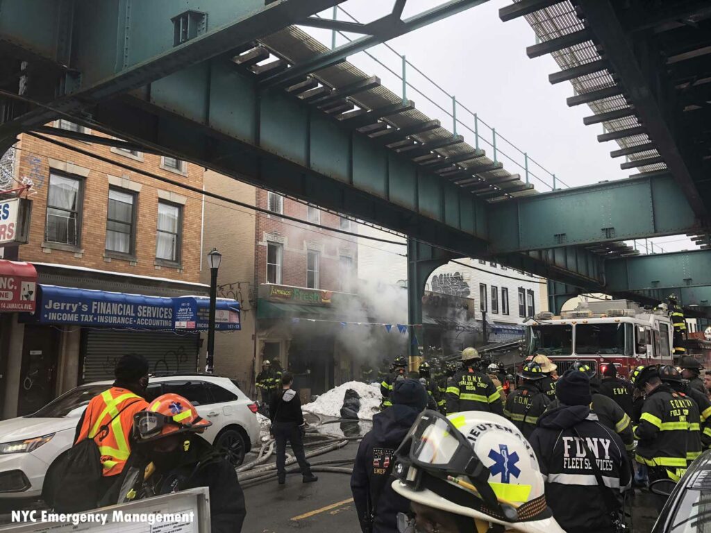 FDNY EMS and firefighters at five-alarm fire in Queens, New York