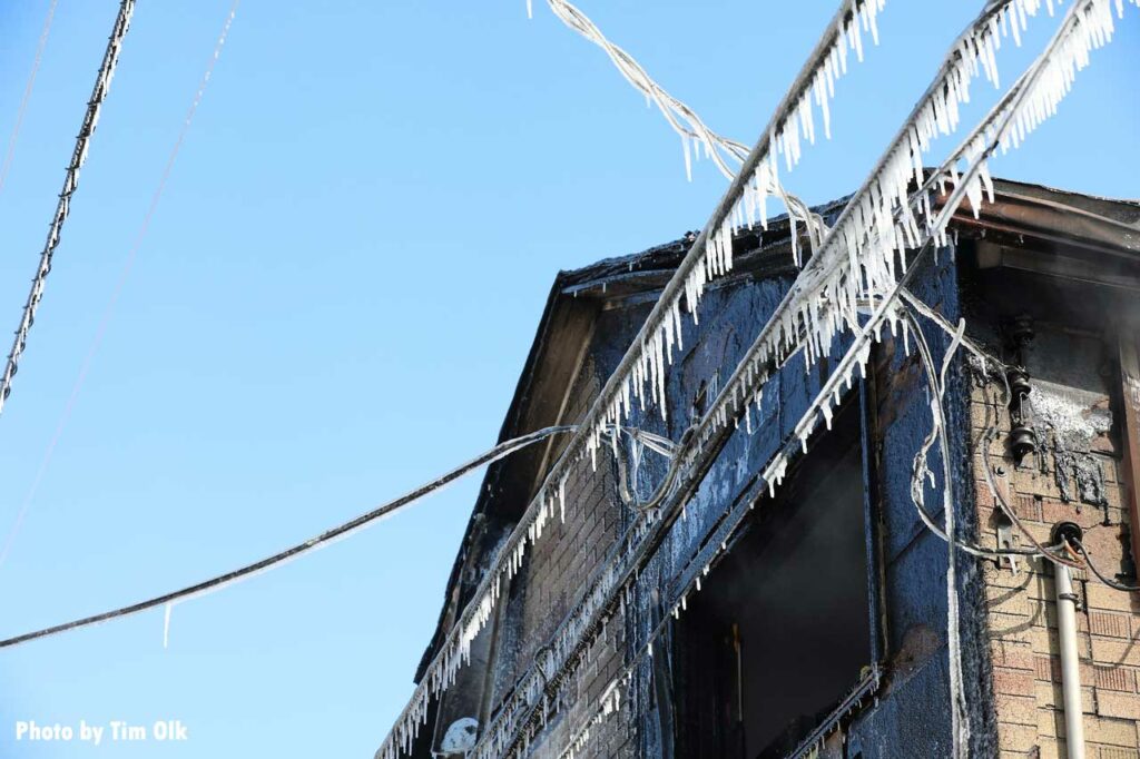 Iced power lines at house fire scene