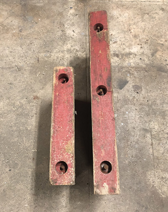 These pieces of cribbing are through bolted with threaded rod and pieced together to form a substantial base for outriggers and jacks.