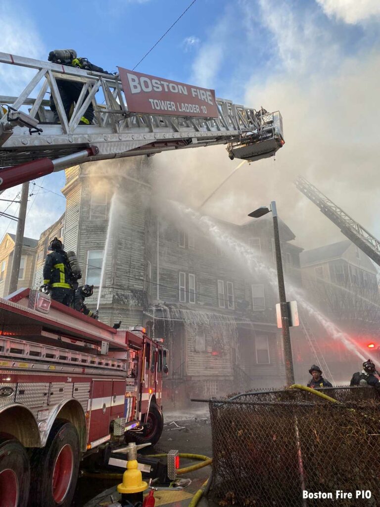 Boston Fire Department Tower Ladder with elevated stream