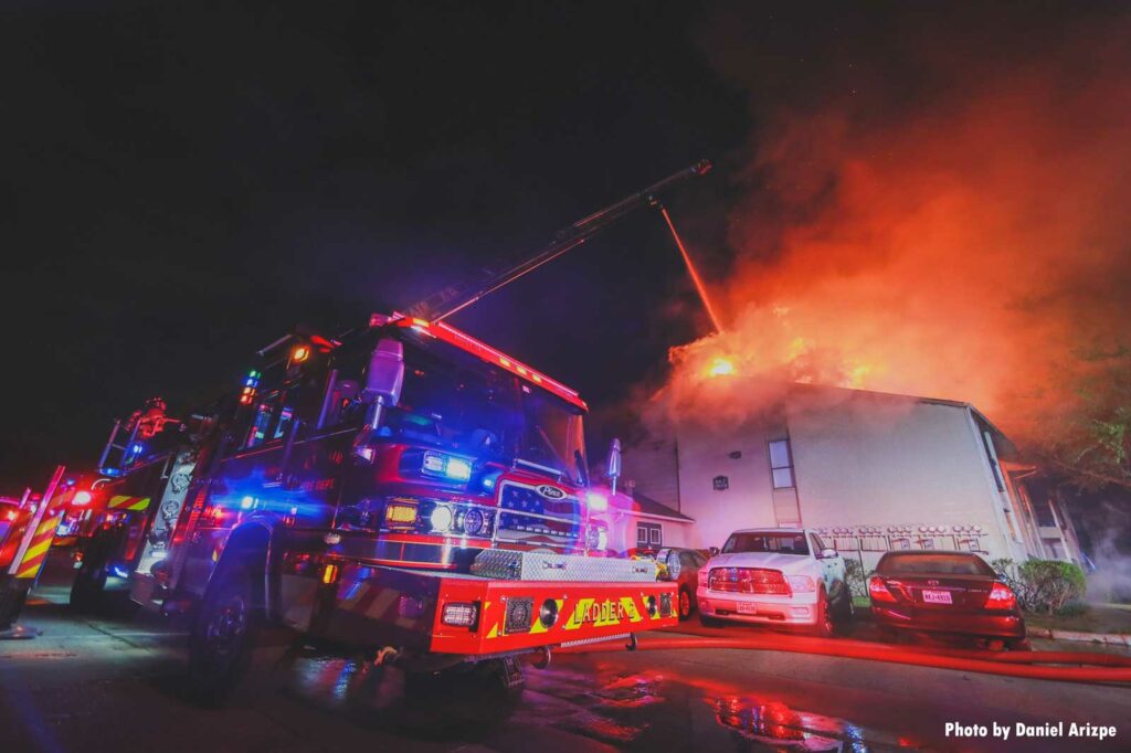 Cy-Fair fire aerial working at apartment fire