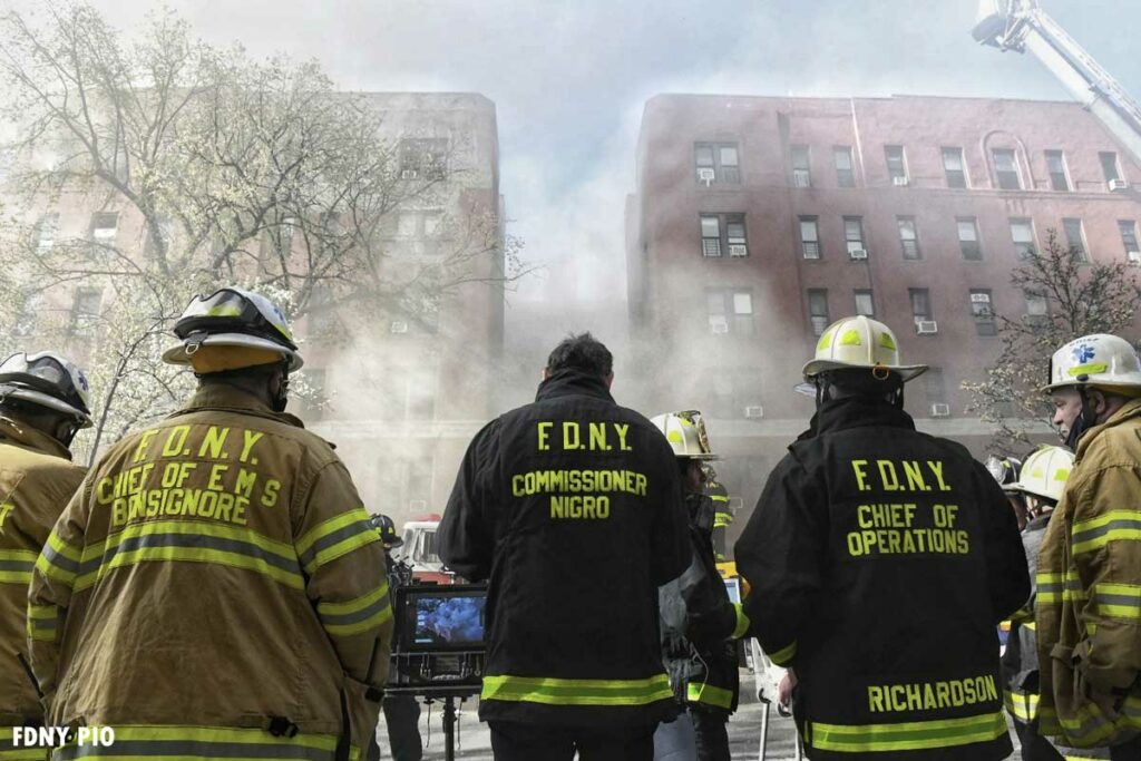 FDNY Commissioner Daniel Nigro and other FDNY officials at massive fire