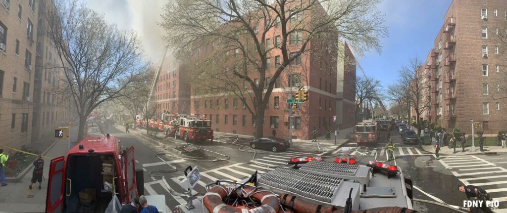 View of multiple sides of the building and FDNY rigs