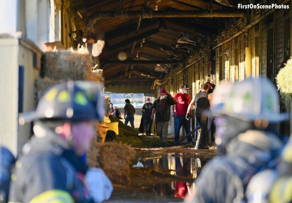 Firefighters at the scene of a fire at Belmont Park in Elmont, New York