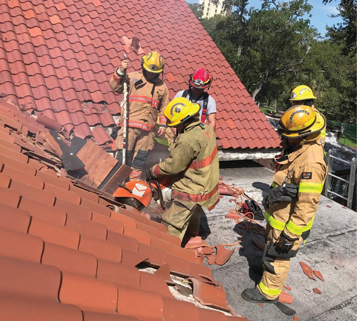 It’s rare to have the opportunity to train on a barrel-tile roof. This drill allowed crews to see the simplicity in its removal as well as the method used for its assembly.