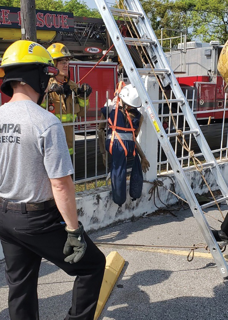 Tampa’s Heavy Rescue Team was able to take advantage of a steel fence in the removal of an impaled “victim.”