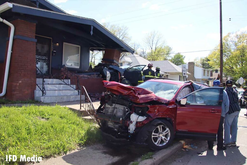 Two cars that collided and sent one barreling into a home