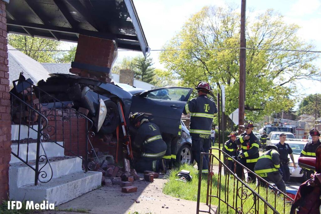 The car collapsed a brick porch support on the home