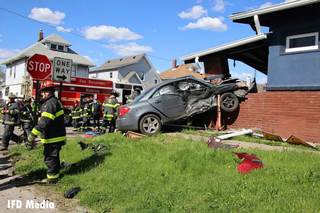 Another view of the vehicle crashed into the porch support