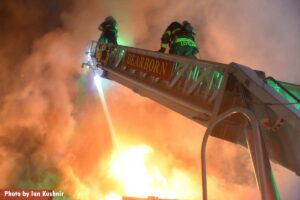 Dearborn Michigan straight stick aerial ladder flowing water onto fire