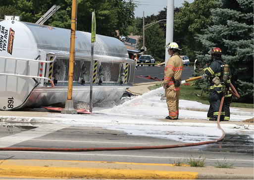 Class B foam is “rolled” onto the spilled product. The foam produces a film over the product while the water within the foam cools the fuel.