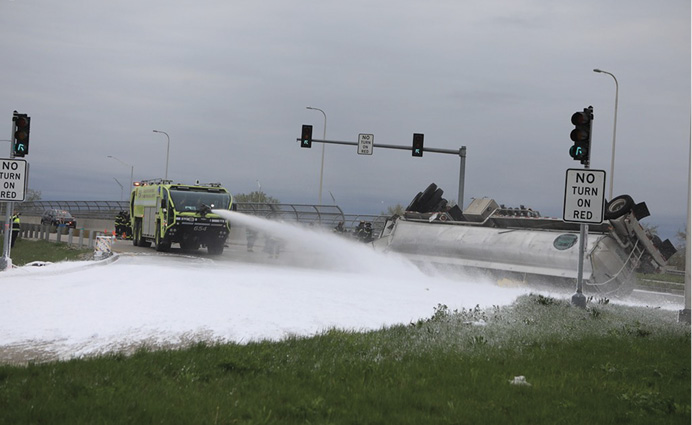 This crash rig is applying Class B foam at a tanker spill. Is the foam being applied appropriate for the spilled product? The Class B foam carried on many crash rigs is not alcohol resistant.