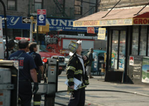 Incident commander looking up at fire scene