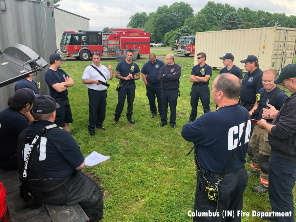 Firefighters during a training evolution in Columbus, Indiana