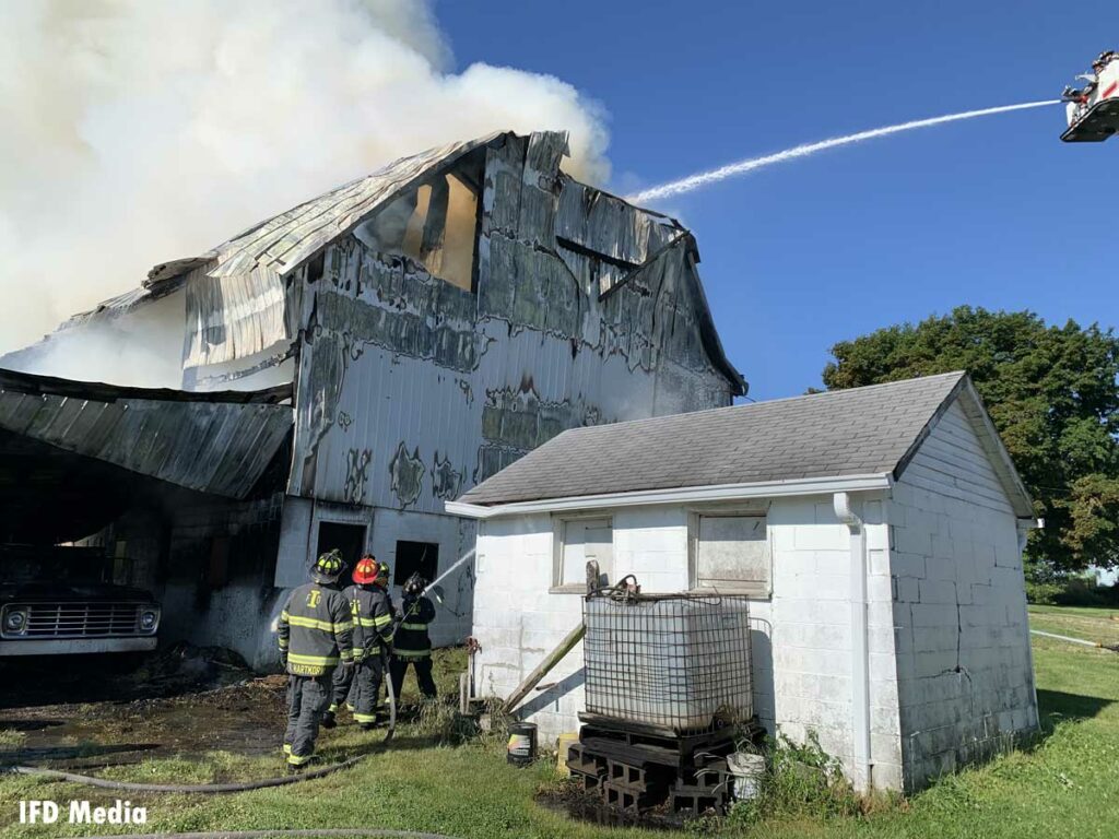 Elevated master stream put on barn fire