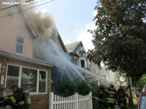 Firefighters use multiple exterior hose streams at Kearny fire