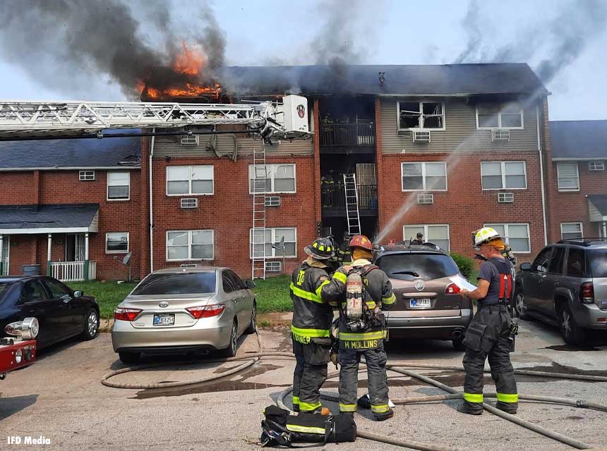 Indianapolis firefighters at the scene of an apartment fire.