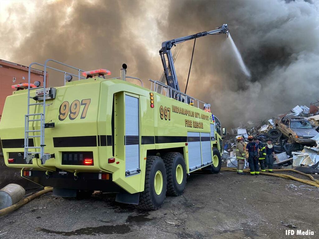 Indianapolis airport ARFF vehicle with elevated master stream