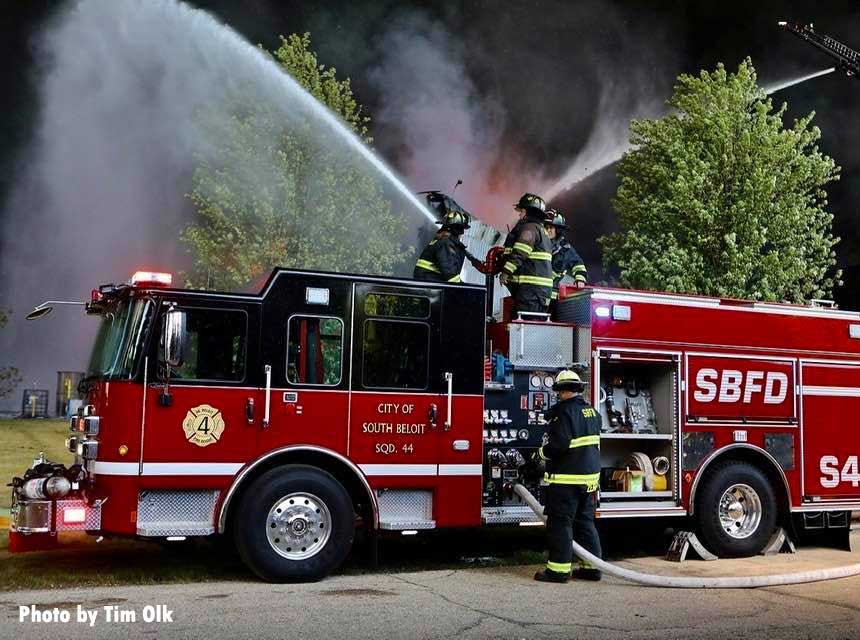 City of South Beloit fire apparatus with firefighters flowing water