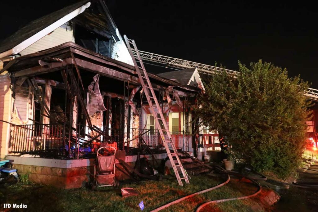 A view of the burned structure and ladders