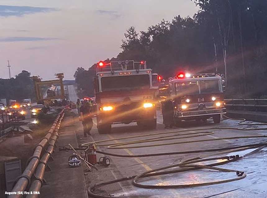 Fire apparatus at scene of vehicle fire incident with hazmat in Augusta, Georgia