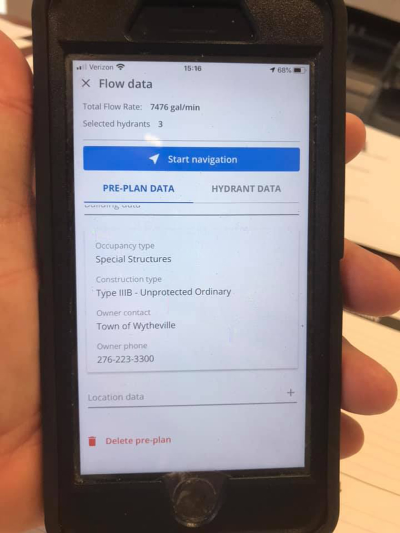 Depending on which app you choose, here is what preplan data would look like when you pull it up. Again, you will notice that at the top it is noted that three hydrants are attached to this preplan and the total flow capacity for all three.