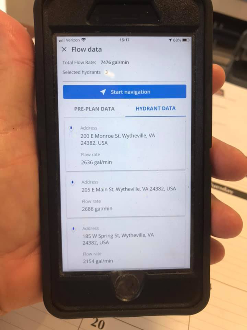 Depending on which app you choose, here is what preplan data would look like when you pull it up. Again, you will notice that at the top it is noted that three hydrants are attached to this preplan and the total flow capacity for all three.