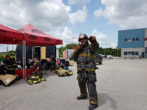 Firefighter communicating on radio