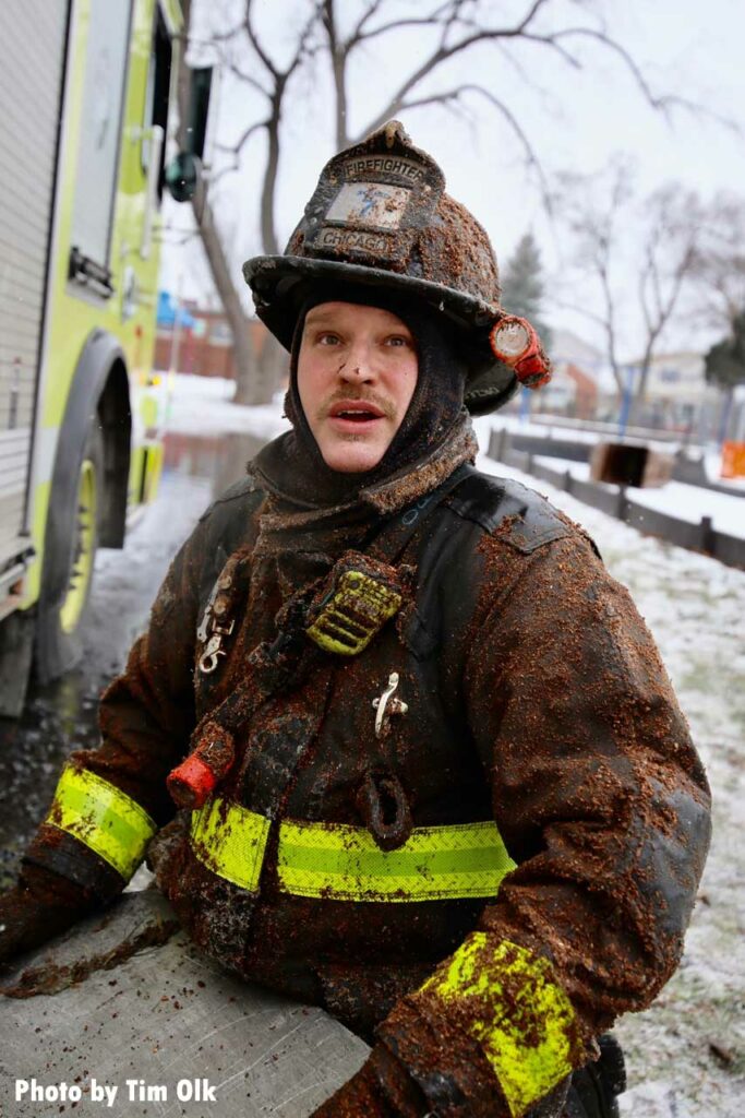 Firefighter covered in muck at River Grove fire