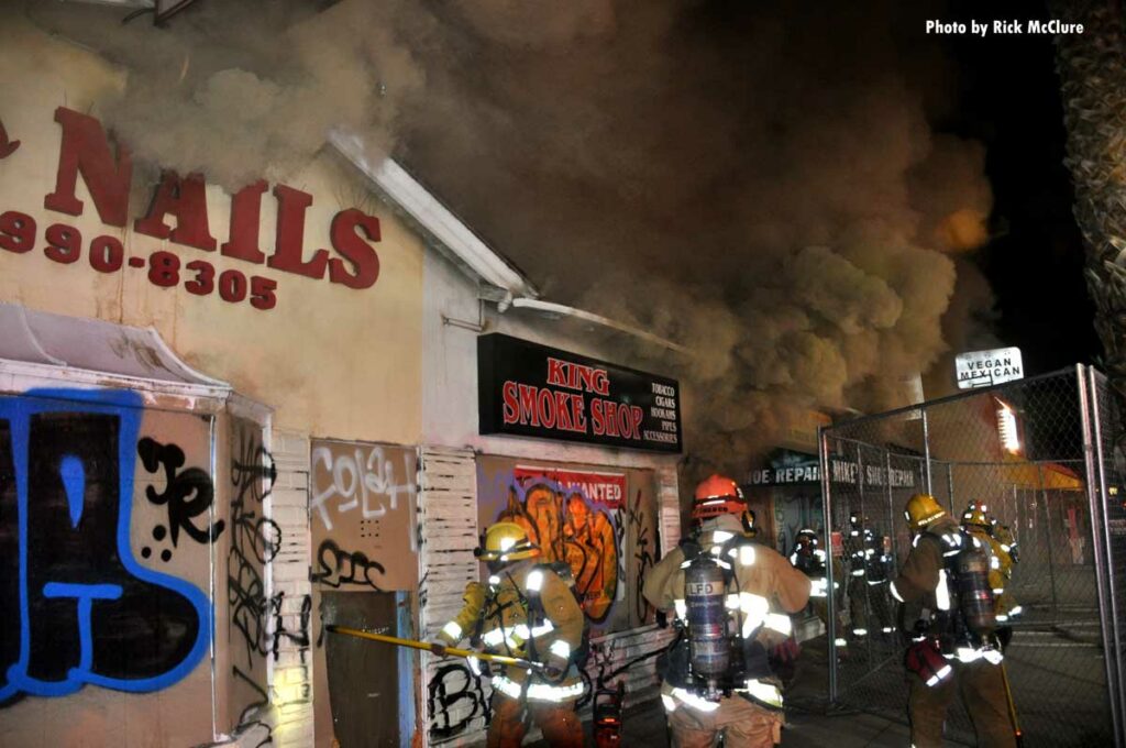 Firefighters with smoke showing from Los Angeles building