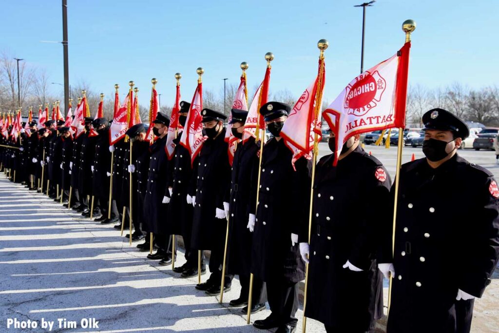 Chicago firefighters with flags