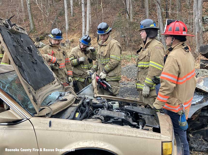 Roanoke County VA fire recruits training on vehicle extrication