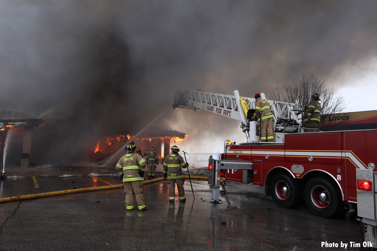 Gary IN firefighter tower ladder at Dennys fire