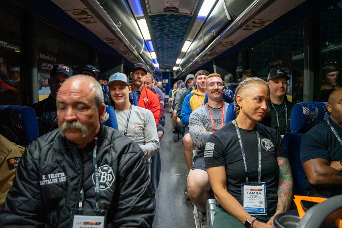 Firefighters on bus for FDIC 2022 hands-on training