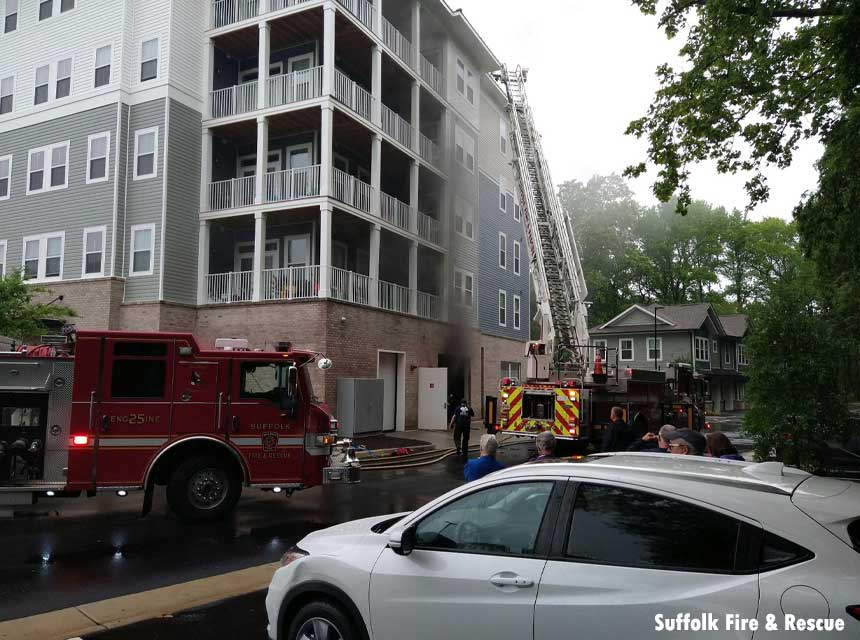 Suffolk Virginia aerial ladder at apartment building fire