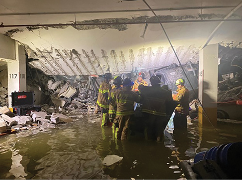 Debris removal for rescue operations in the underground parking garage.